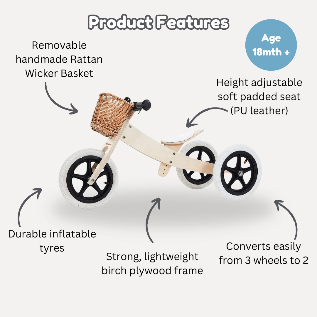 3 in 1 Wooden Trike / Balance Bike with Wicker Basket
