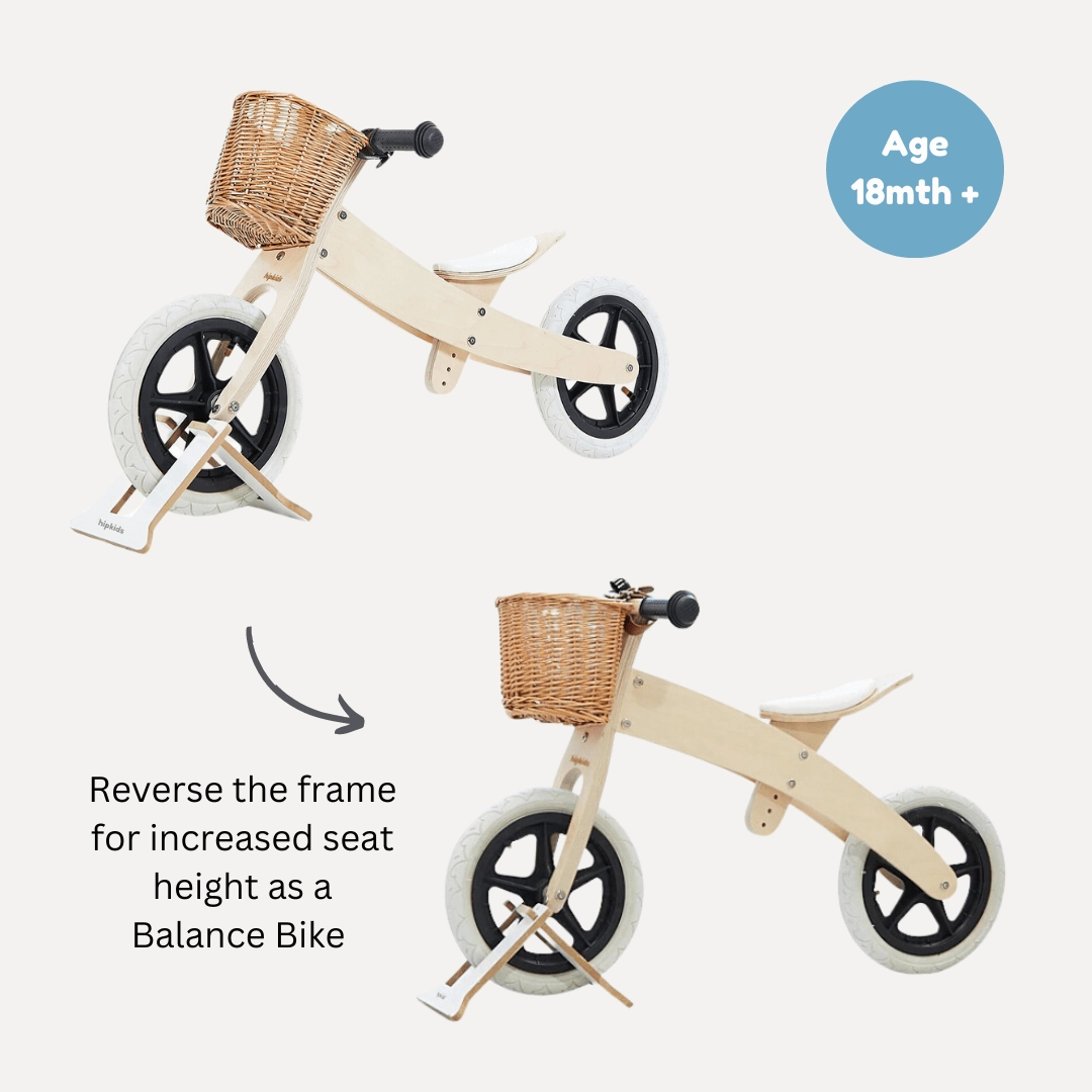 3 in 1 Wooden Trike / Balance Bike with Wicker Basket
