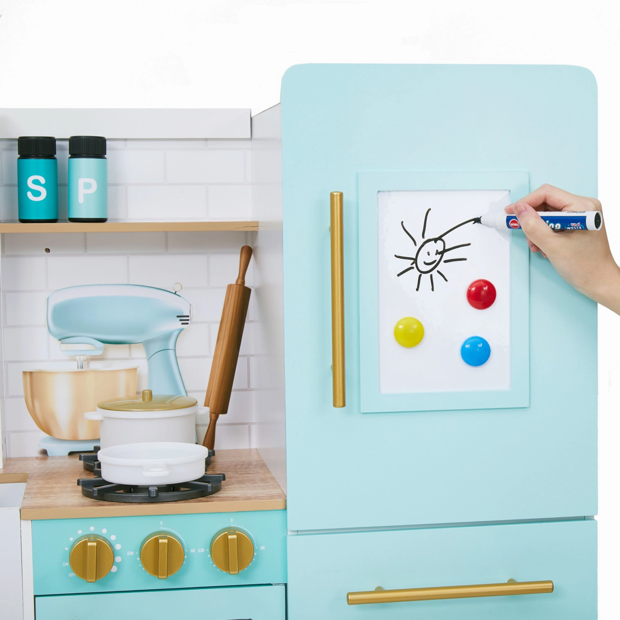 Biscay Delight Classic Play Kitchen With Magnetic Refrigerator And Accessories, Mint