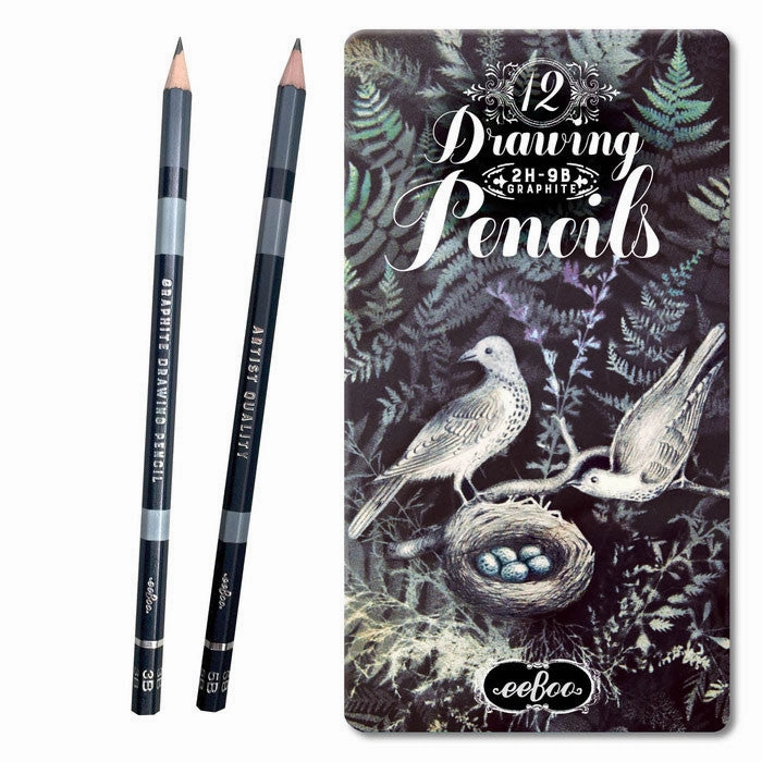 eeBoo Doves in Ferns 12 Drawing Pencils Tin