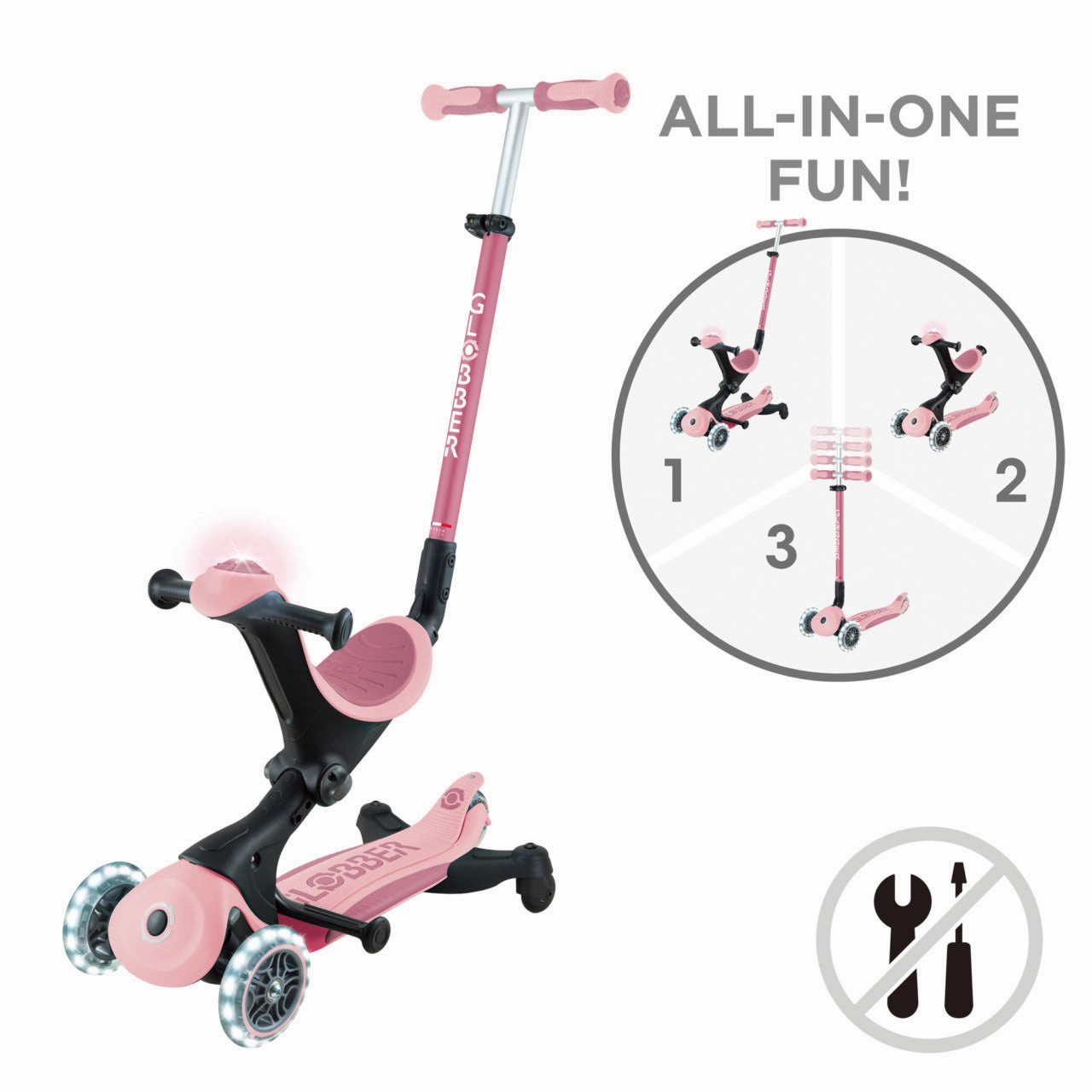 Globber Go Up Deluxe Lights 360  - Pastel Pink / Deep Pastel Pink (15M - 9Y )