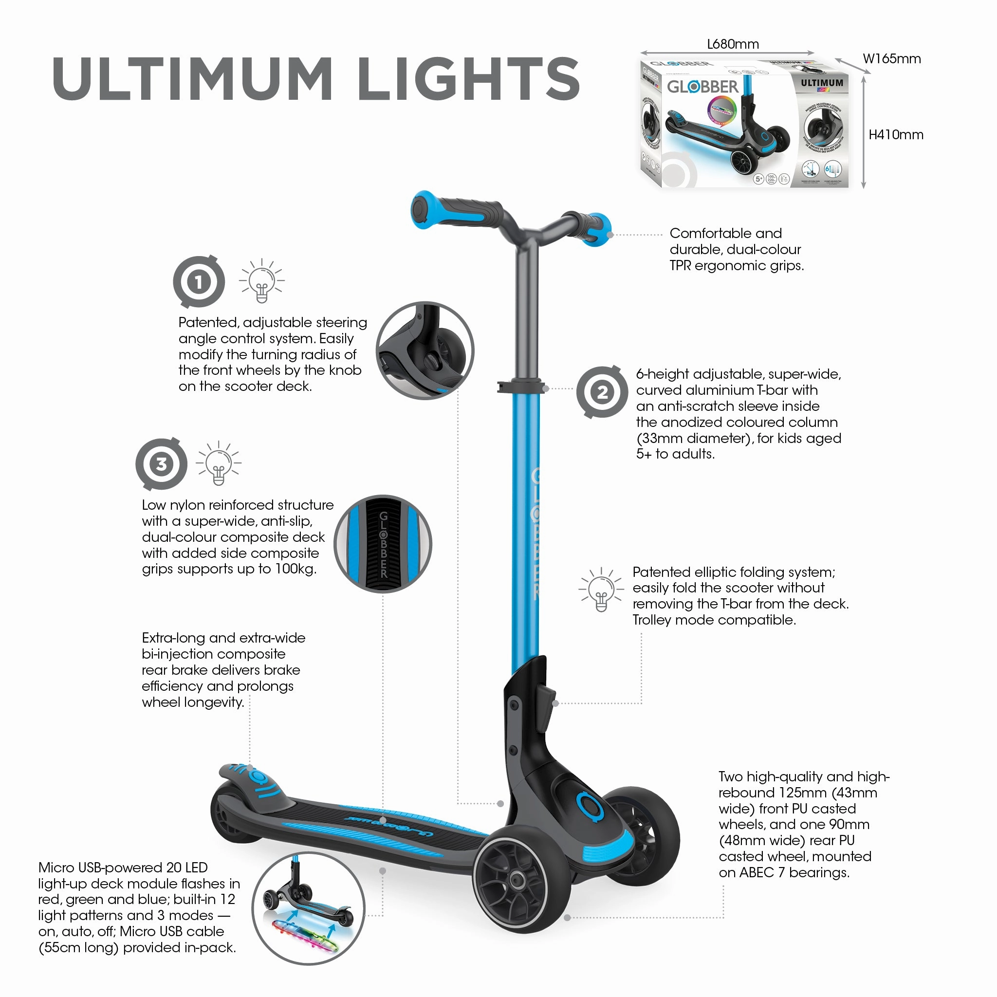 Globber Ultimum Lights  - Black / Charcoal Grey (5Y )