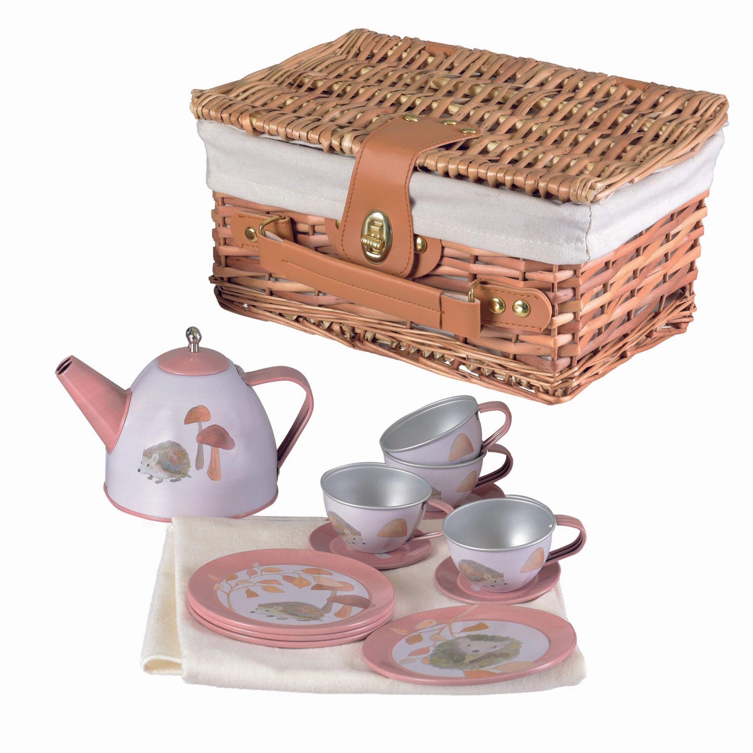 Hedgehog Tin Tea Set In a Wicker Case