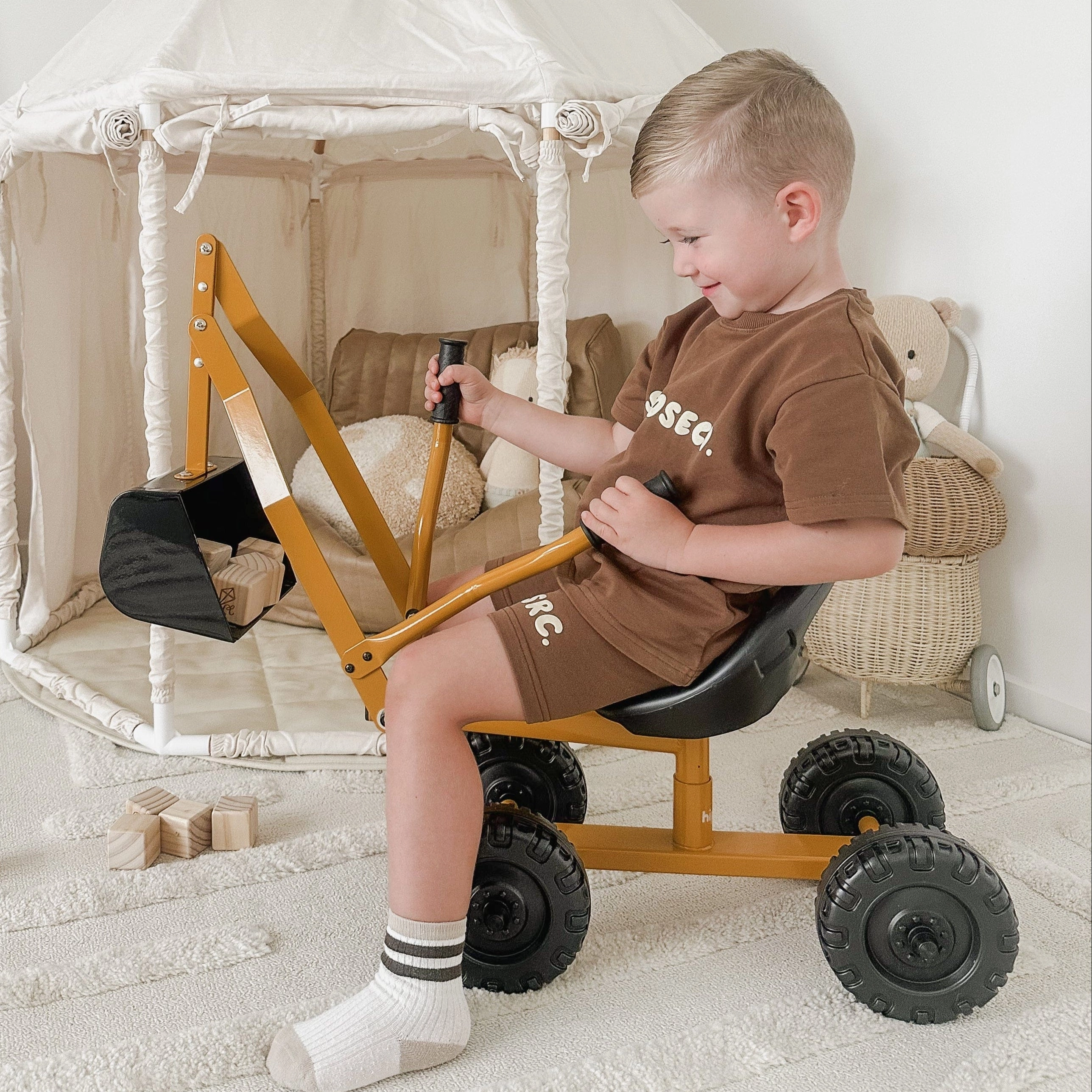Kids Steel Toy Ride-On Excavator - Mustard