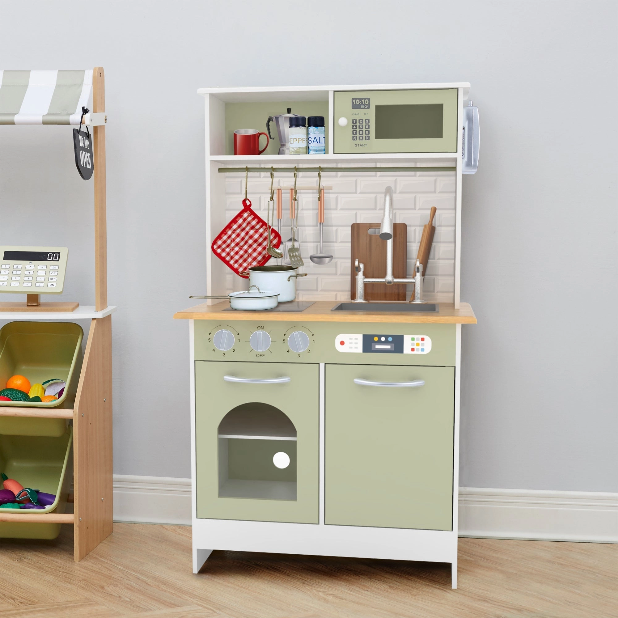 Little Chef Boston Modern Wooden Kitchen Playset, White/green