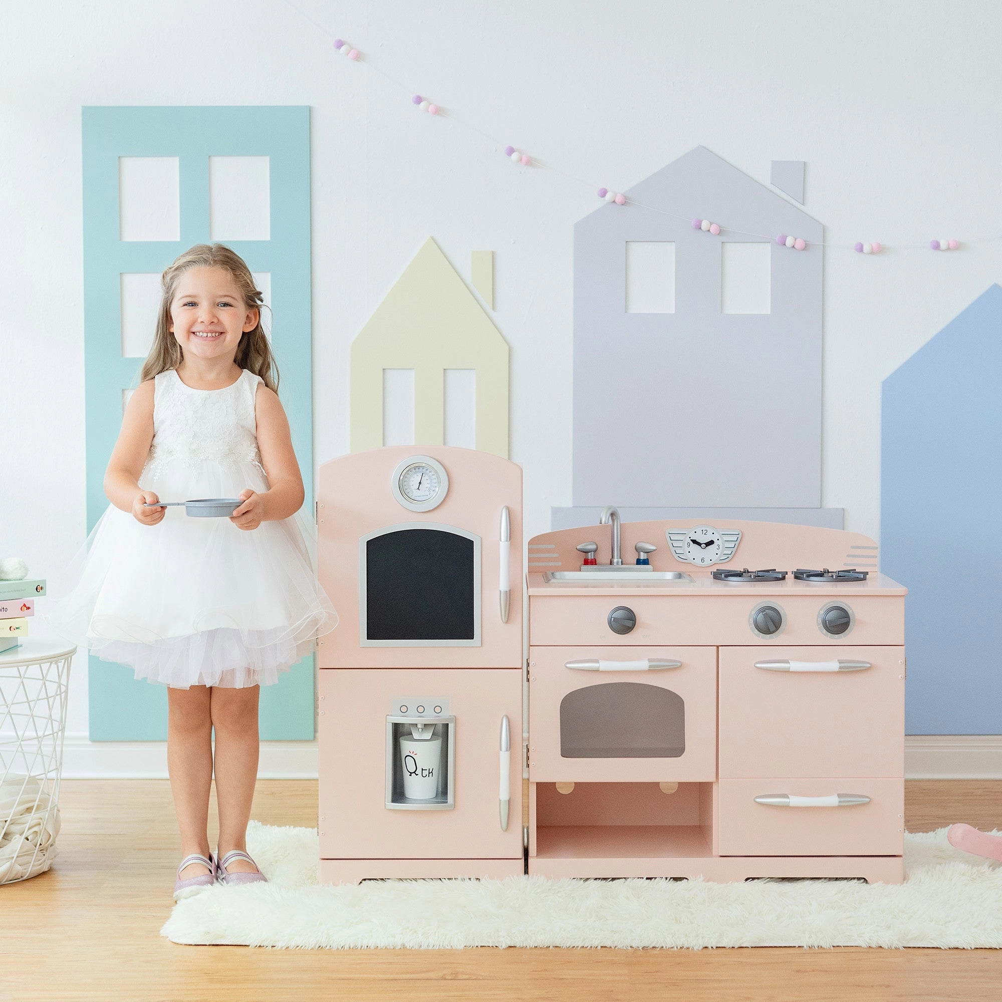 Little Chef Fairfield Retro Kids Kitchen Playset With Refrigerator, Pink