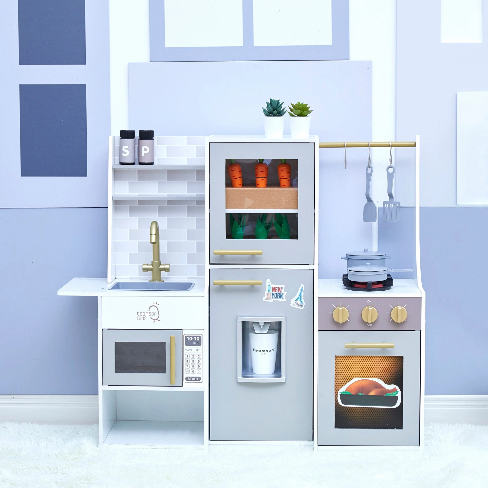 Little Chef Lyon Complete Wooden Kitchen Set With Hydroponic Garden, Refrigerator And Accessories, Gray