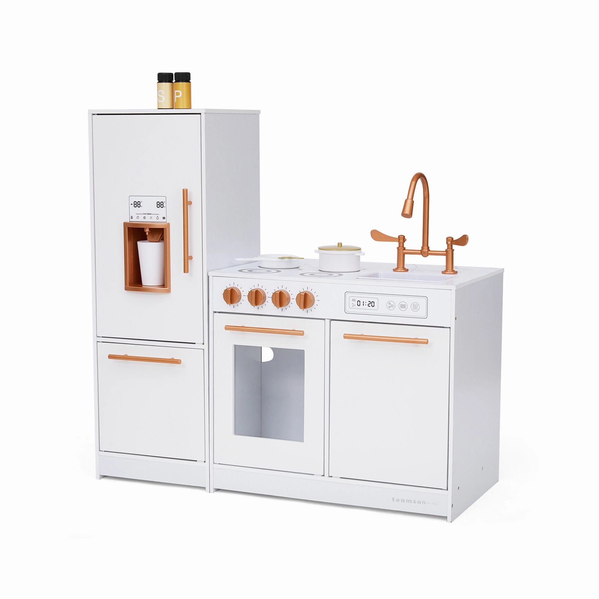 Little Chef Milano Two-piece Modular Modern Delight Play Kitchen With Cooking Accessories, Faux Marble Countertop, & Rose Gold Hardware, White