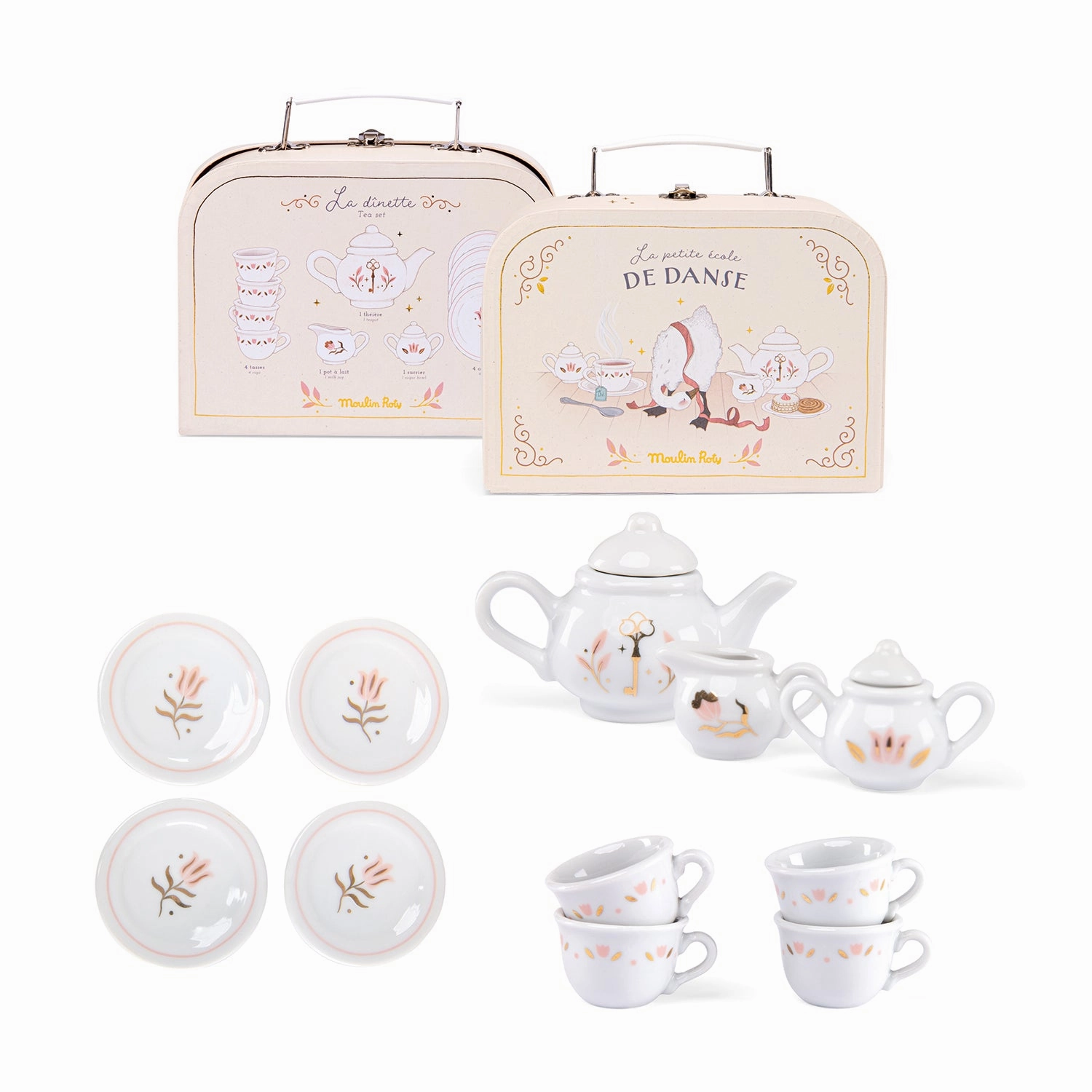 Moulin Roty La Petite Ecole De Danse Porcelaine Tea Set in Carry-On Suitcase
