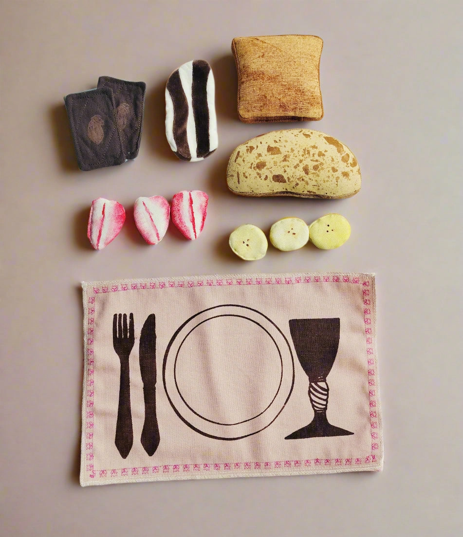 Play Food Set  Bread, Fruit & Chocolate with Embroidered Placemat