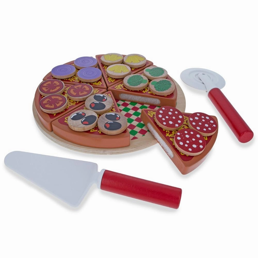 Set Of 27 Wooden Pieces Make A Pizza With Toppings & Kitchen Tools