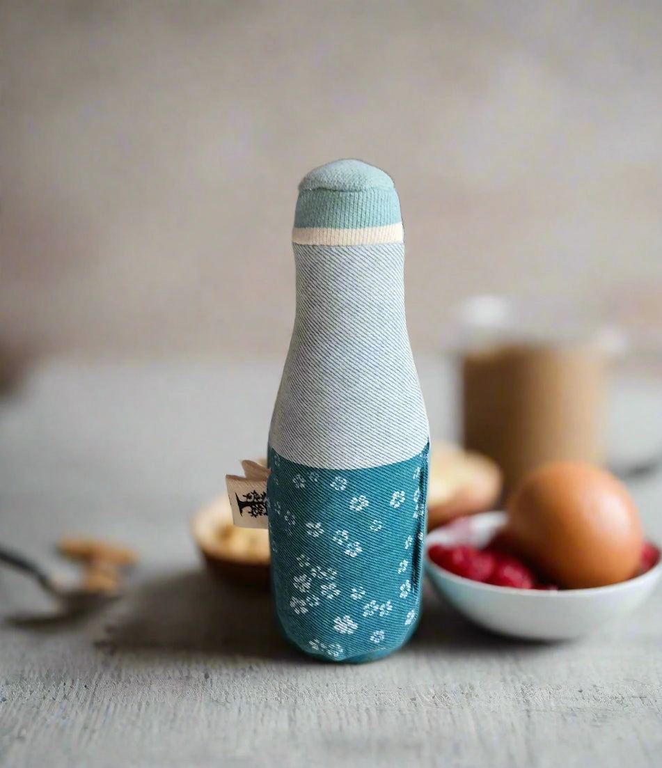 Upcycled Denim Milk Bottle  Handmade Sustainable Soft Toy (17 cm)