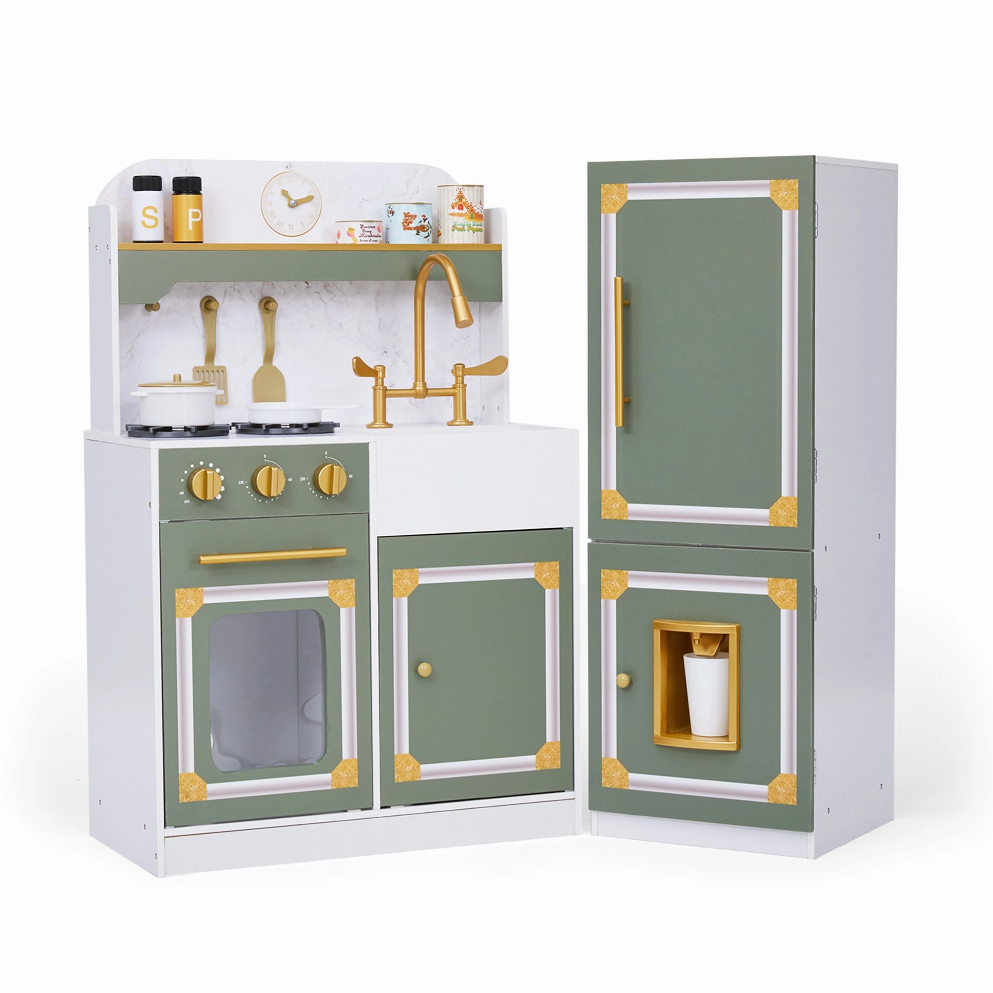Versailles Wooden Deluxe Play Kitchen Plus Refrigerator And 15 Accessories, Olive Green