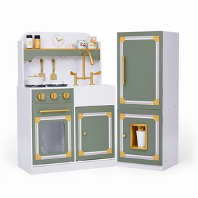 Versailles Wooden Deluxe Play Kitchen Plus Refrigerator And 15 Accessories, Olive Green