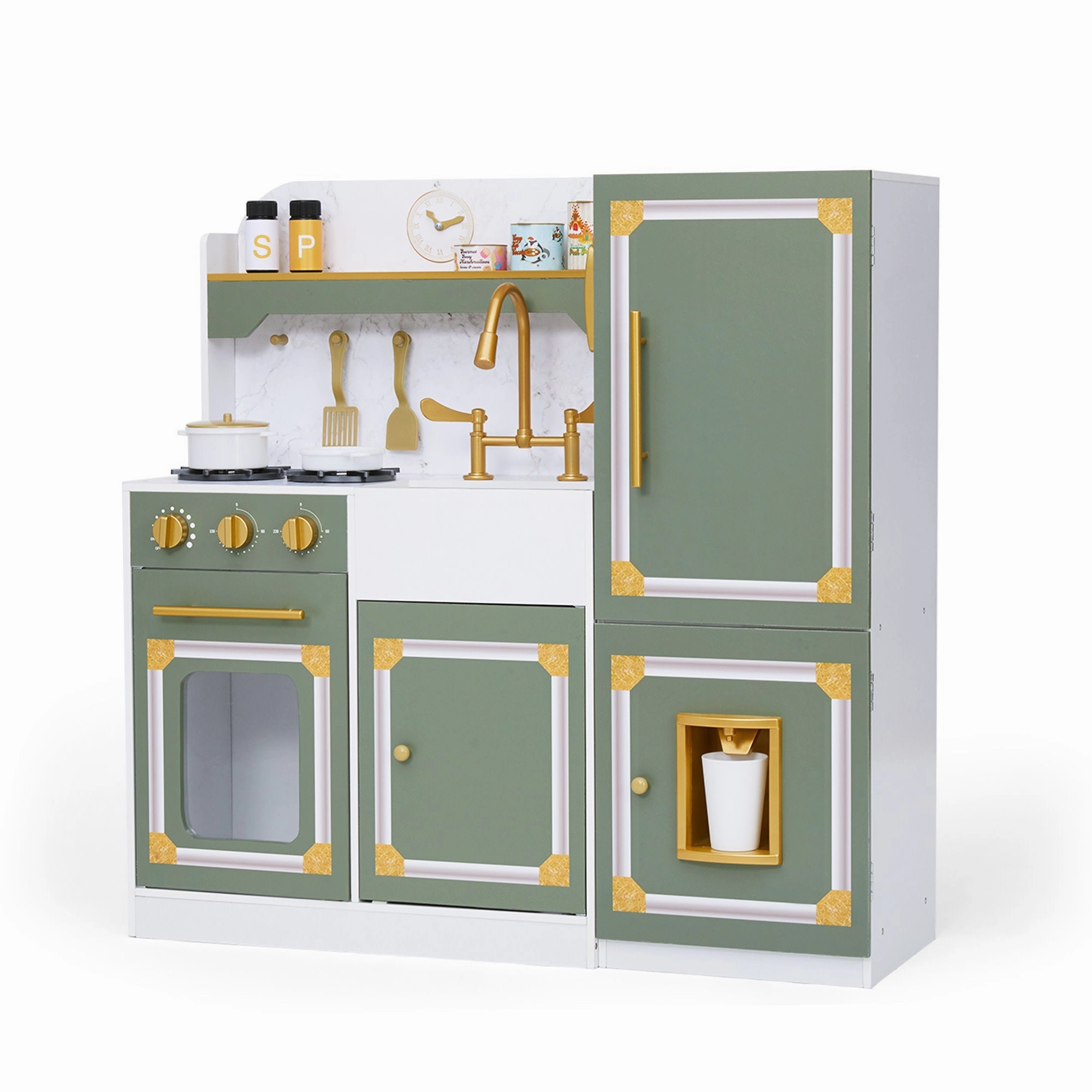 Versailles Wooden Deluxe Play Kitchen Plus Refrigerator And 15 Accessories, Olive Green